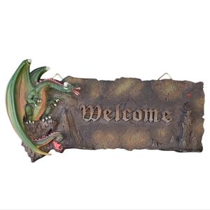 Rare Gothic Fantasy Dragon Welcome Hanging Wall Sign w Castle Excellent Conditon